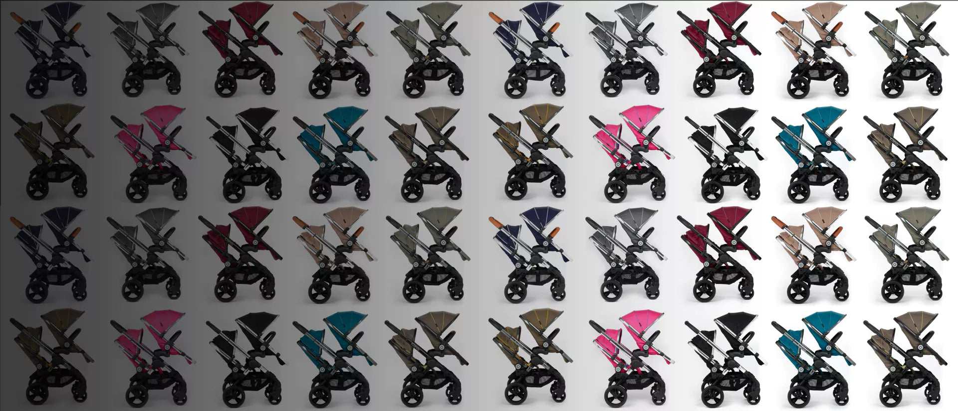 iCandy Peach 1 to Peach 4 pushchairs shown in double configurations