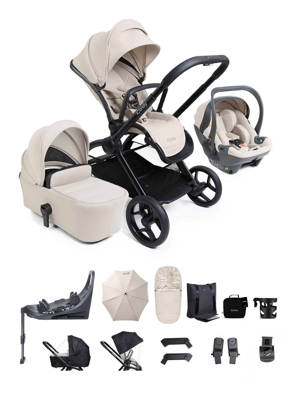 Core 2 Sandstone Pushchair and Carrycot - Complete 360 Car Seat Bundle