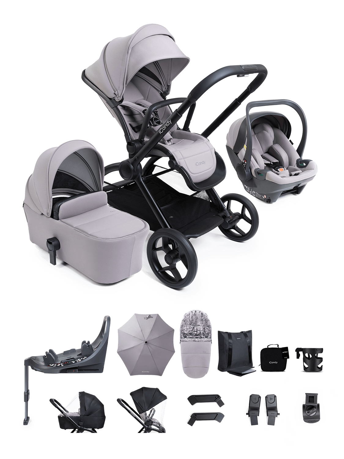Core 2 Storm Grey Pushchair and Carrycot - Complete 360 Car Seat Bundle