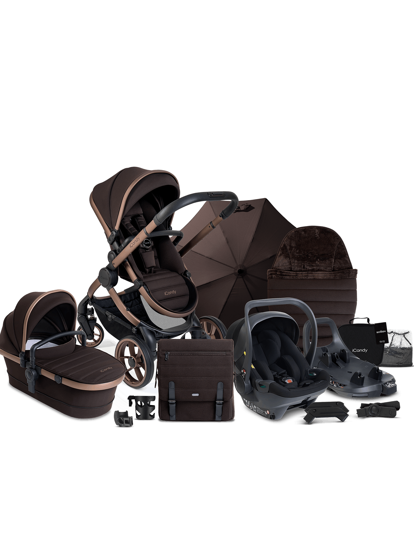 Peach 7 Pecan Pushchair and Carrycot - Complete 360 Car Seat Bundle