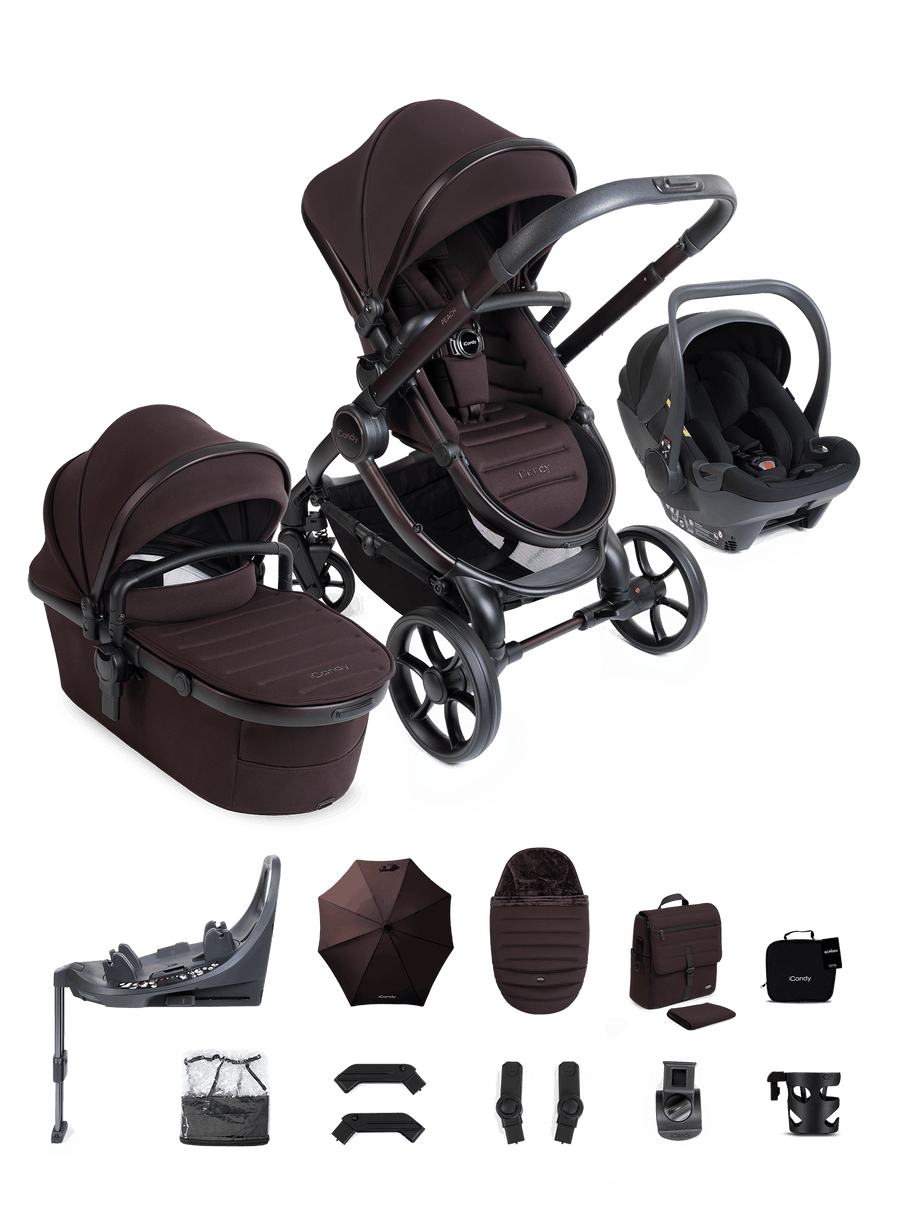 Peach 8 Coffee Bean Pushchair and Carrycot - 360 Car Seat Pushchair Bundle