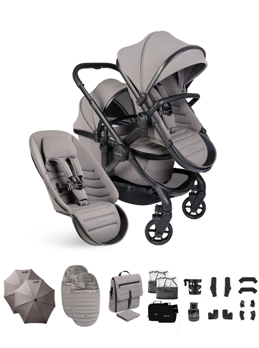Peach 8 Porcini Pushchair and Carrycot - Double Pushchair Bundle