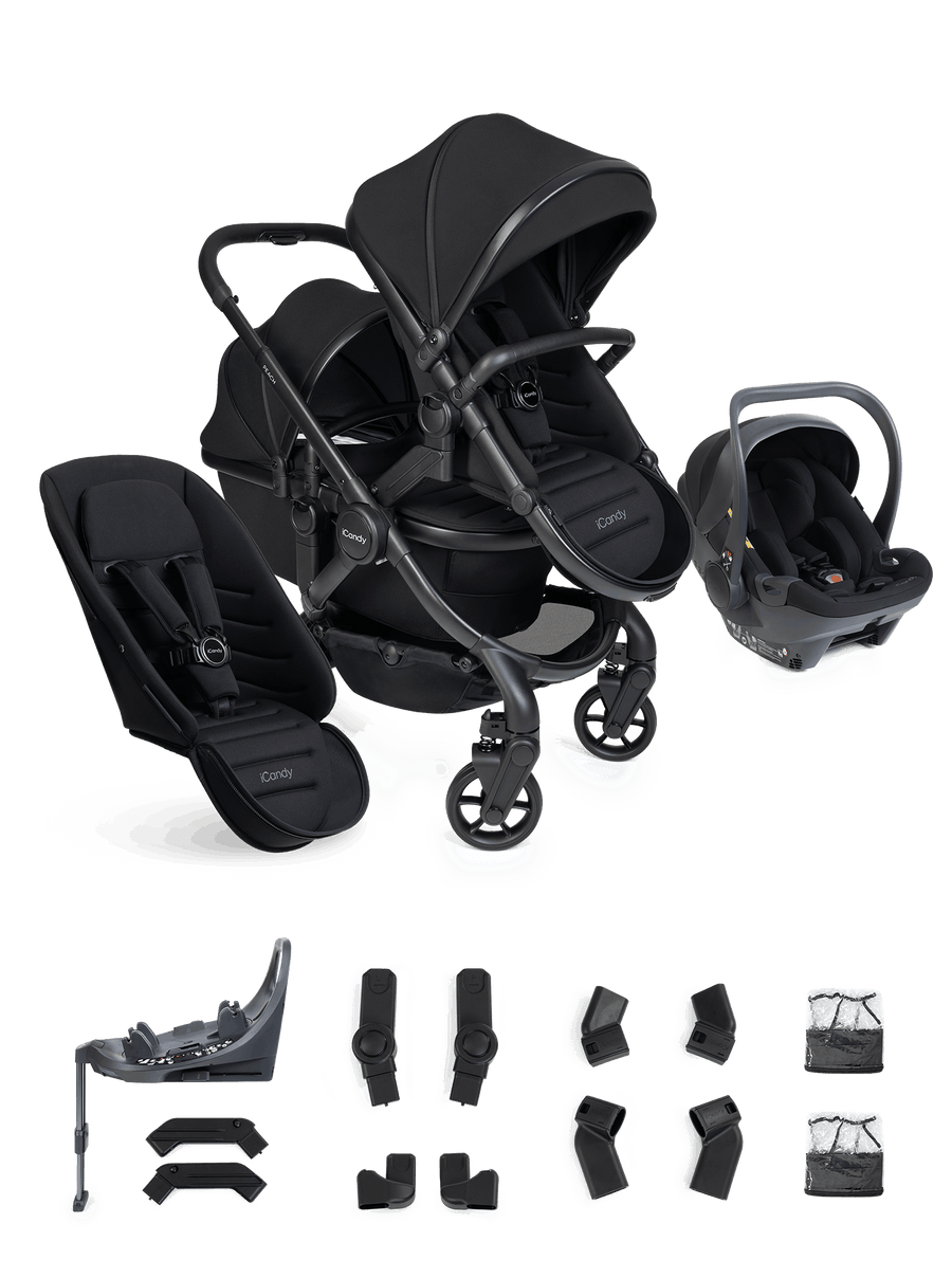 Peach 8 Black Pushchair and Carrycot - Double 360 Car Seat Combo