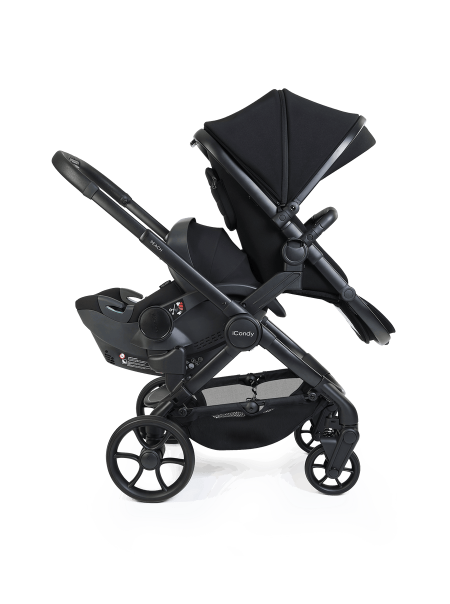 Peach 8 Black Pushchair and Carrycot - Double 360 Car Seat Combo