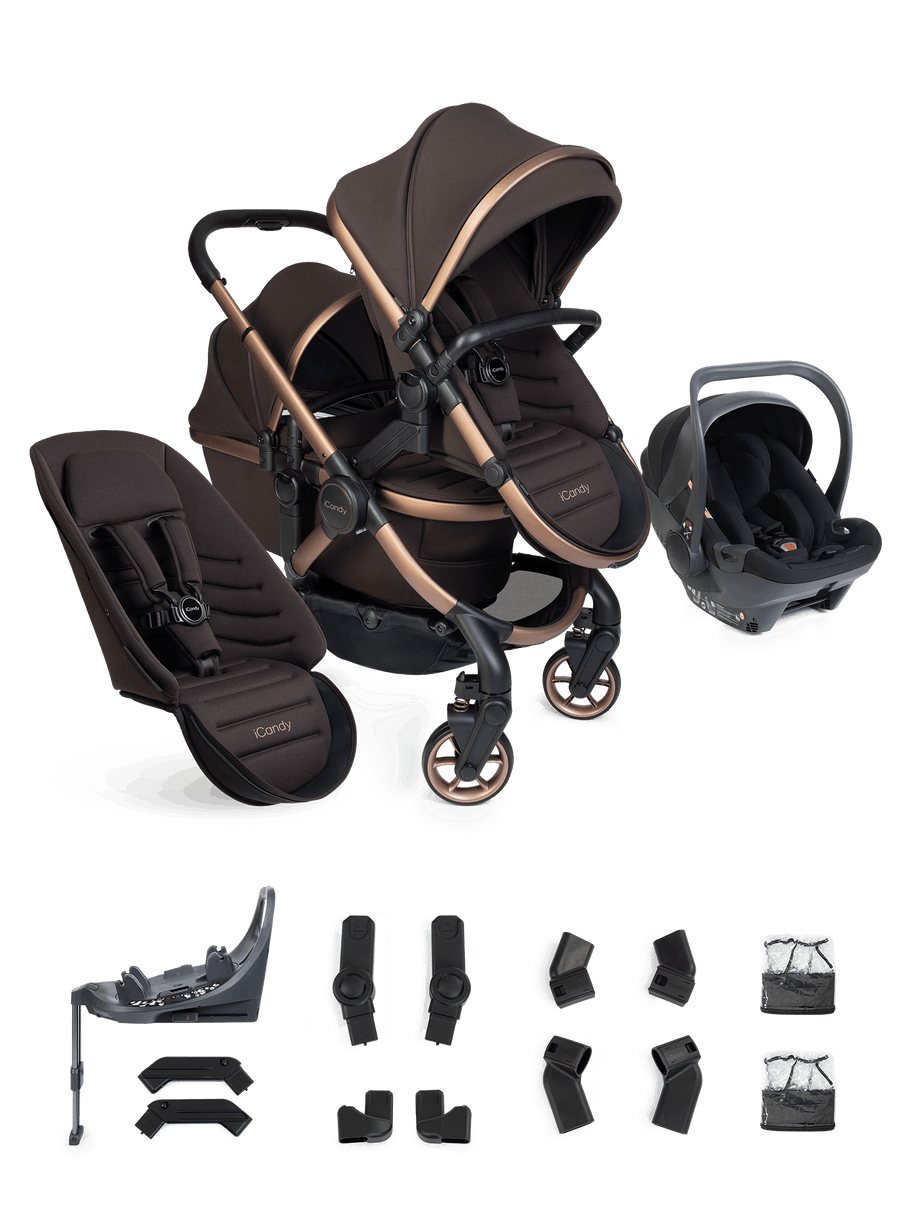 Peach 8 Pecan Pushchair and Carrycot - Double 360 Car Seat Combo
