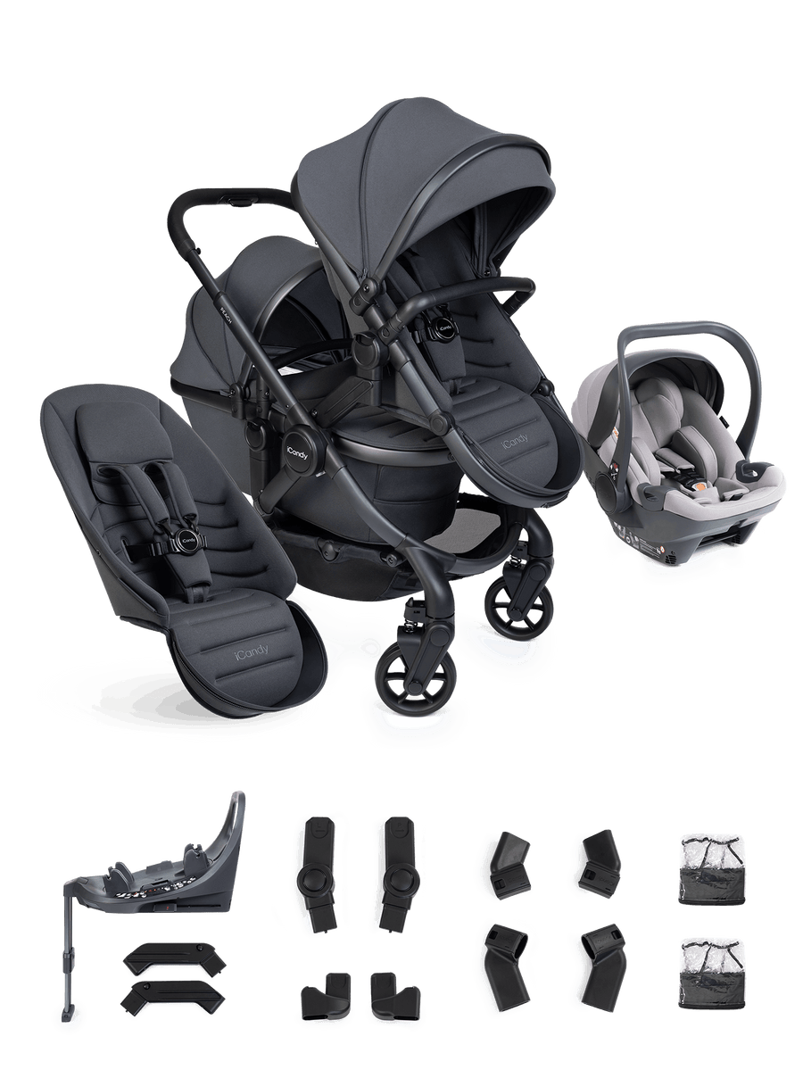 Peach 8 Grey Pushchair and Carrycot - Double 360 Car Seat Combo
