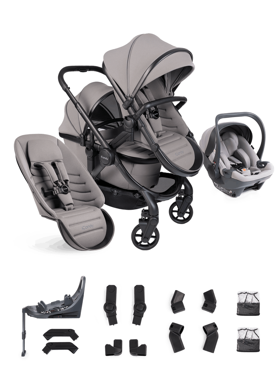 Peach 8 Porcini Pushchair and Carrycot - Double 360 Car Seat Combo