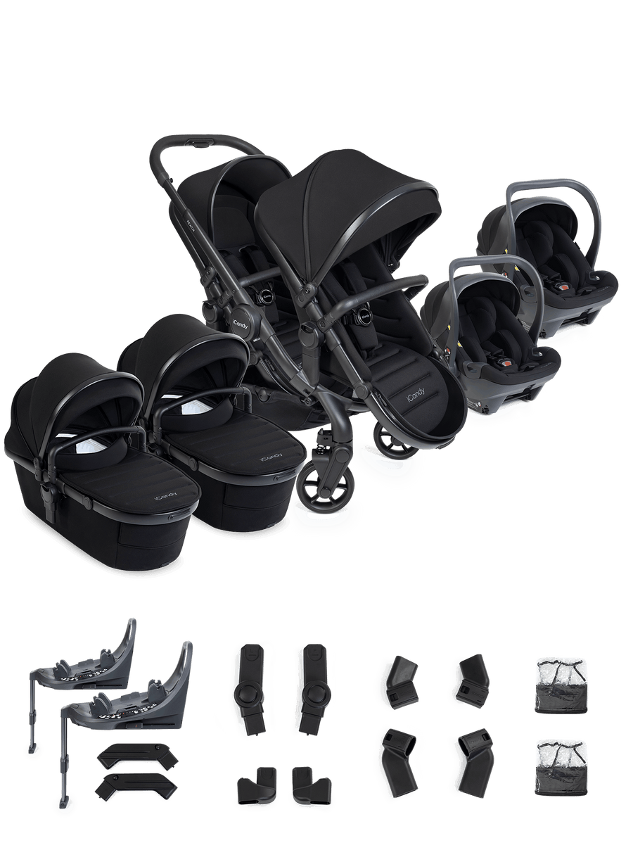 Peach 8 Black Pushchair and Carrycot - Twin 360 Car Seat Combo