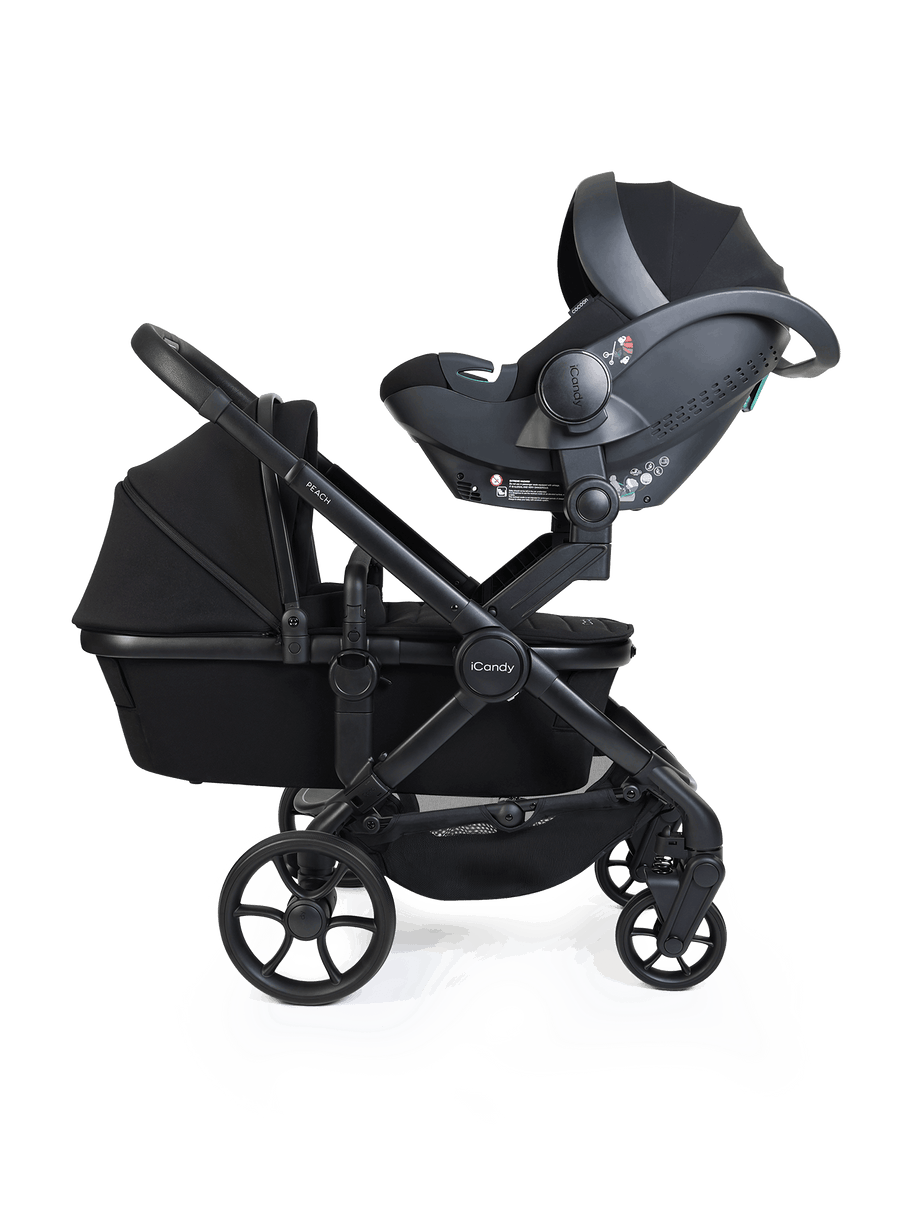 Peach 8 Black Pushchair and Carrycot - Twin 360 Car Seat Combo