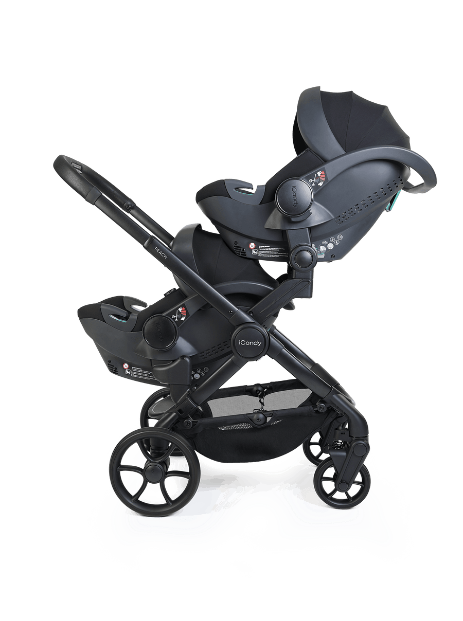 Peach 8 Black Pushchair and Carrycot - Twin 360 Car Seat Combo