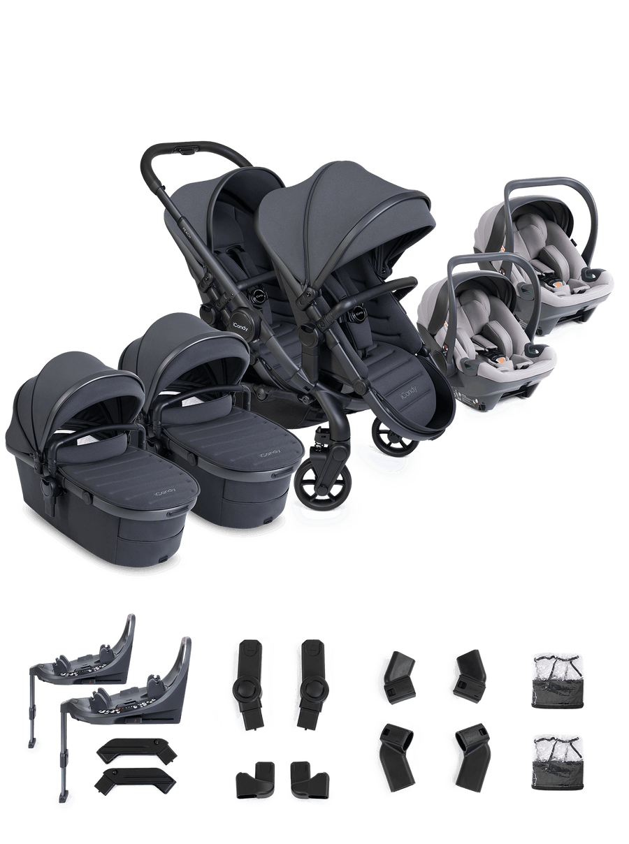 Peach 8 Grey Pushchair and Carrycot - Twin 360 Car Seat Combo